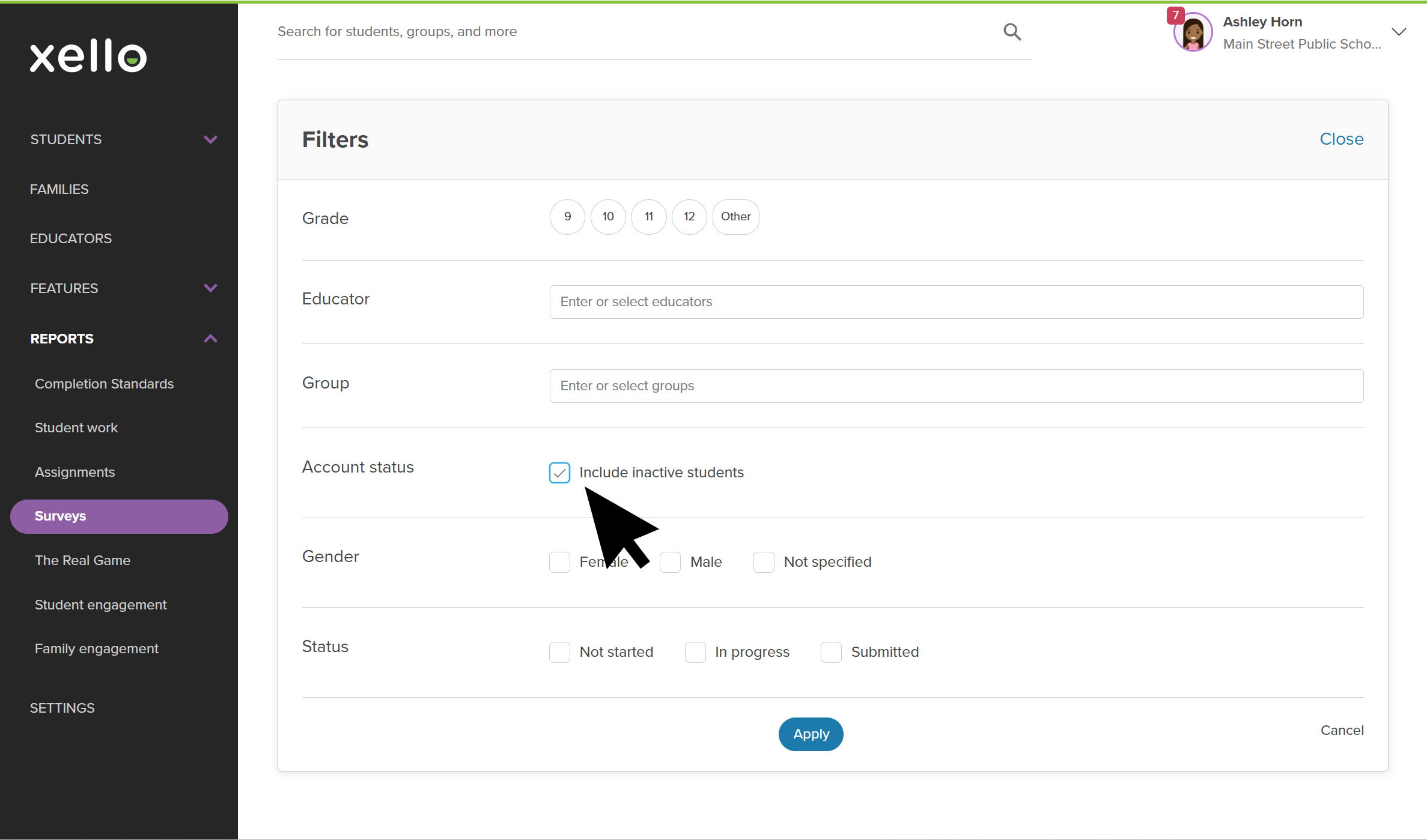 Click to enlarge Educator account in Xello with a survey report's Filters window open. The cursor is clicking Show inactive students.